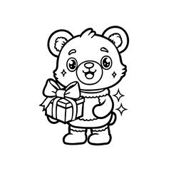 Cartoon bear standing and holding a gift box tied with a bow, outlined in black and white, with sparkling details.