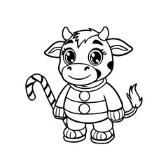 A cartoon cow wearing a striped sweater holds a candy cane, presented in a black and white line drawing style.