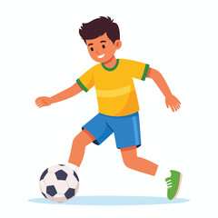 Obraz premium Smiling boy dribbling soccer ball, active playful youth sports.