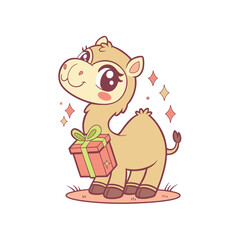 A cute cartoon camel holds a wrapped gift box with a green ribbon, surrounded by sparkling stars.