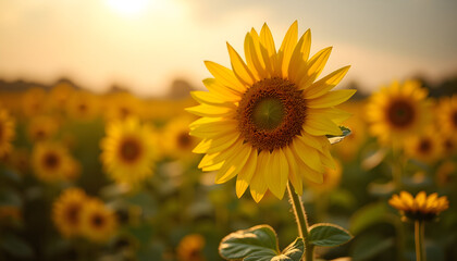 Obraz premium Majestic Sunflower Head Bathed in Golden Hour Light in a Vast Summer Field