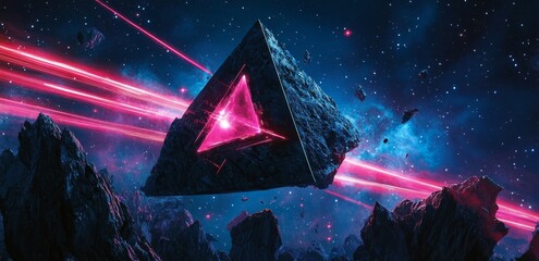 A nebula in space made of lasers and geometric shapes, glowing red light beams on the edges, dark blue background, stars in the foreground