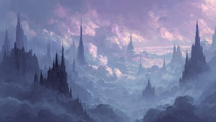 Misty, purple-tinged landscape with towering, dark structures atop craggy mountains