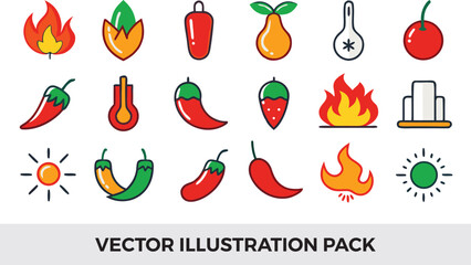 Vector Illustration Pack: Spicy Food Icons Set - Chili Peppers, Fire, Heat, Thermometer, Sun, Fruits - Modern Flat Design Graphics