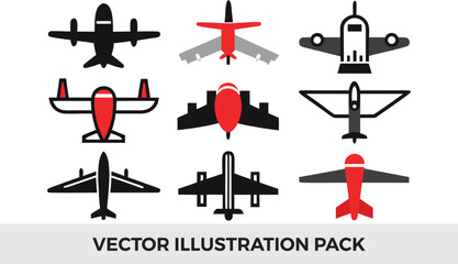 Vector Illustration Pack: Set of 9 Airplane Icons in Black, White, and Red. Minimalist Aircraft Designs for Graphic Design Projects