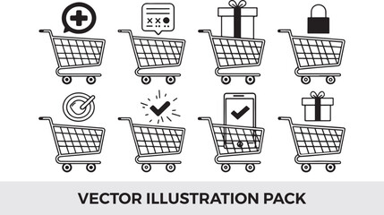 Shopping Cart Icon Vector Illustration Pack: E-commerce, Online Retail, Add to Cart, Checkout, Gift, Security, Target, Success Graphics