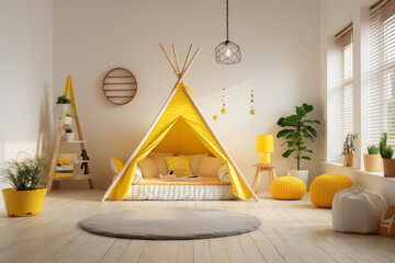 Cozy yellow teepee play space for children's imaginative fun and modern interior design