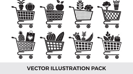 Black and White Vector Illustration Pack: Shopping Carts Filled with Healthy Groceries, Fruits, and Vegetables for Food and Lifestyle Designs