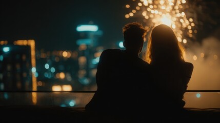 Couple watching fireworks over a city at night.