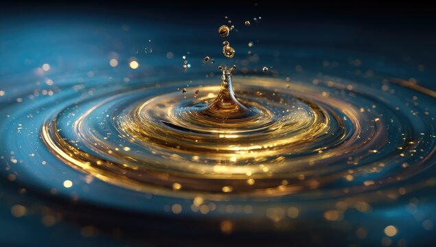 Golden liquid droplet impacting dark surface, creating concentric ripples and splash