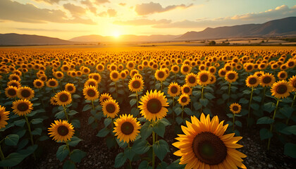 Fototapeta premium Radiant sunset over extensive agricultural landscape filled with sun-facing blooms