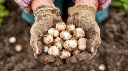 Hands holding a cluster of bulbs in garden soil.