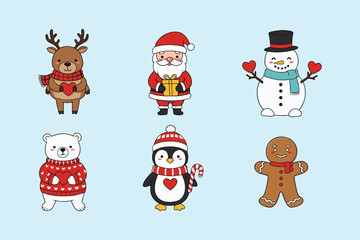 Adorable Christmas Characters with Reindeer, Santa, Snowman, Polar Bear, Penguin, and Gingerbread Man flat vector illustration