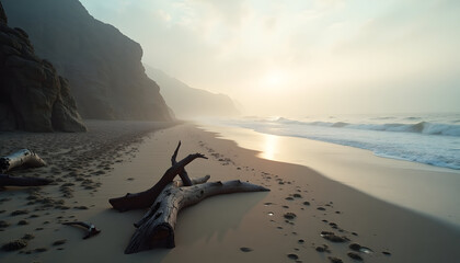 Serene morning light illuminates a remote sandy beach with driftwood and ocean waves