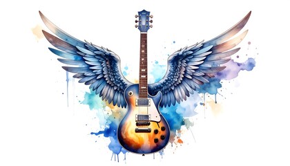 Watercolor Guitar with Angel Wings with Music Inspiration, and Artistic Rock  Roll.