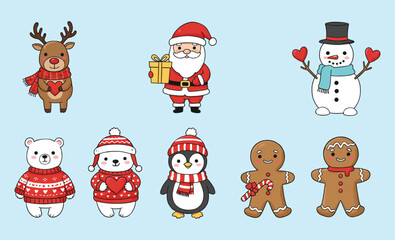 Adorable Christmas Characters with Reindeer, Santa, Snowman, Polar Bears, Penguin, and Gingerbread Man flat vector illustration