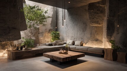 Serene interior with raw stone walls, wood furniture, plants, and open sky