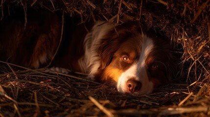 Relaxed dog resting in hay.