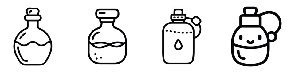 A collection of four cute line-style potion or bottle icons, each with unique shapes and minimalistic design, perfect for UI, games, or fantasy-themed projects.