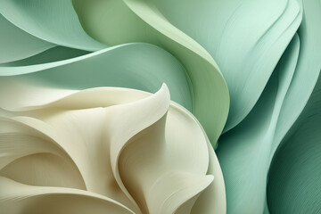 Ultra-detailed abstract floral-inspired background with soft pastel colors and flowing organic shapes resembling delicate petals or textile waves in natural mint and beige tones