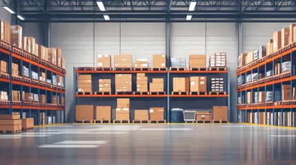 Spacious industrial warehouse interior with multiple storage racks and stacked boxes for logistics, inventory control, order fulfillment, and supply chain management concepts – ideal illustration for 