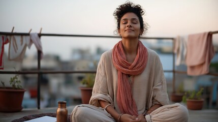 Woman in soft scarf breathes in the morning light on a rooftop, grounded in stillness