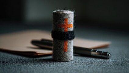 Small, rolled, light-brown scroll with an orange cross. Dark background