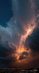 Dramatic lightning strike through stormy clouds