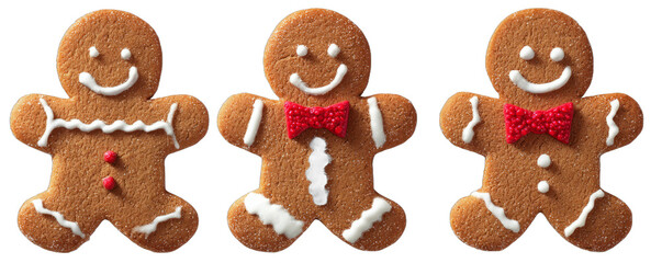 Set of gingerbread Christmas men. Christmas cookies in the shape of a person. Isolated on a transparent background.