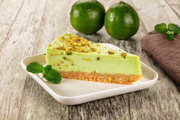 Green pistachio cheesecake served mint