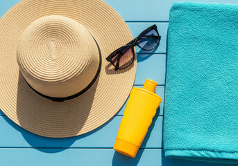 Bright flat lay of beach items on blue wooden background