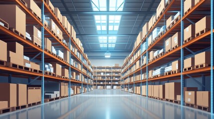 Spacious industrial warehouse interior with multiple storage racks and stacked boxes for logistics, inventory control, order fulfillment, and supply chain management concepts – ideal illustration for 