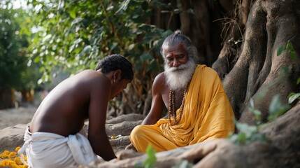 Devotee bowing before elderly guru in forest clearing near tree roots