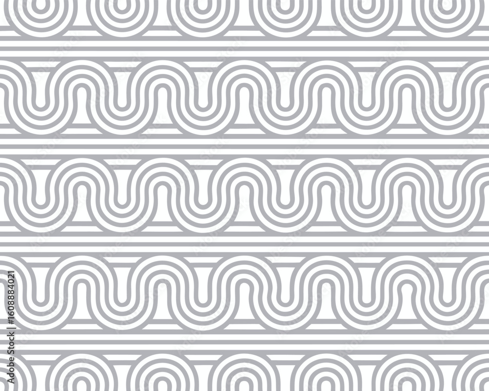 Poster geometric abstract seamless pattern with repeating gray curved lines on a white background.