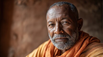 Portrait of elderly guru with grey beard in orange robe
