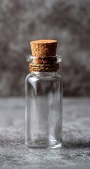 Small, clear glass bottle with cork stopper and twine