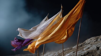 Sacred prayer flags blowing in wind on remote hillside at dusk
