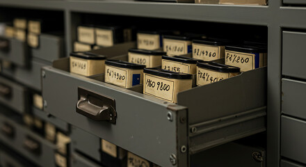 An open drawer in a vintage archive cabinet revealing a collection of cataloged film negatives and slides.
