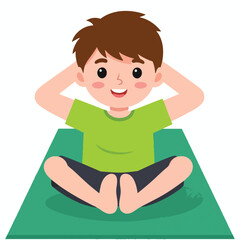 Cartoon boy in a relaxed yoga pose on a green mat.