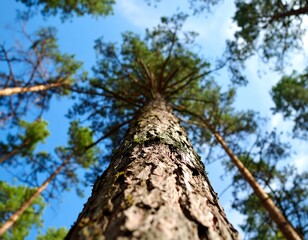 Majestic ascent: Looking up through towering pine trees against a clear sky canopy
