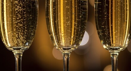 Elegant champagne flutes filled with sparkling golden wine and effervescent bubbles, perfect for festive celebrations and luxury events.