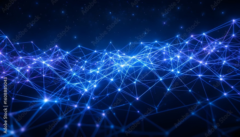 Poster abstract network of interconnected blue lines and glowing dots, creating a futuristic, technological