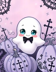 A cute white ghost with big aqua eyes and light blush, wearing a tiny bow, surrounded by pastel and back pumpkins, gothis style, dreamy rainbow, dark lace, gohic crosses, edgy kawaii halloween design