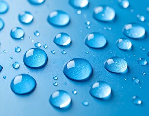 Magnified water droplets on a cyan surface create a serene and refreshing ambiance