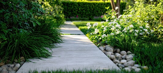 Obraz premium The serene garden pathway surrounded by vibrant flowers and lush greenery.