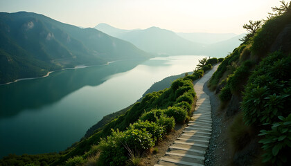 Winding stone path ascends mountain hillside overlooking serene reflective lake