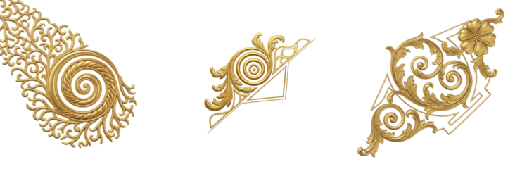Exquisite Group of Isolated Gold Rococo and Baroque Corner Decorations with Elegant Scrolls, Geometric Shapes, and Floral Accents, Ideal for Decorative Arts