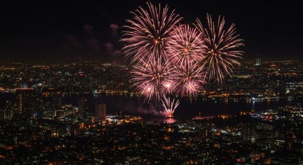Dazzling fireworks illuminate the sprawling cityscape at night, a festive celebration of light and urban beauty.