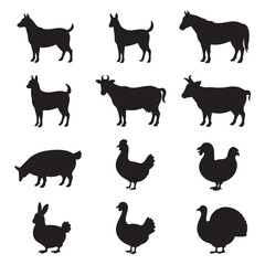 Obraz premium Domestic Animal Silhouette Vector Set – Dog, Cat, Cow, Horse, and More on White Background, Art & Illustration.
