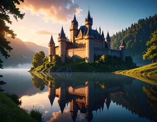 Majestic castle reflected in serene lake at dawn a breathtaking landscape image
